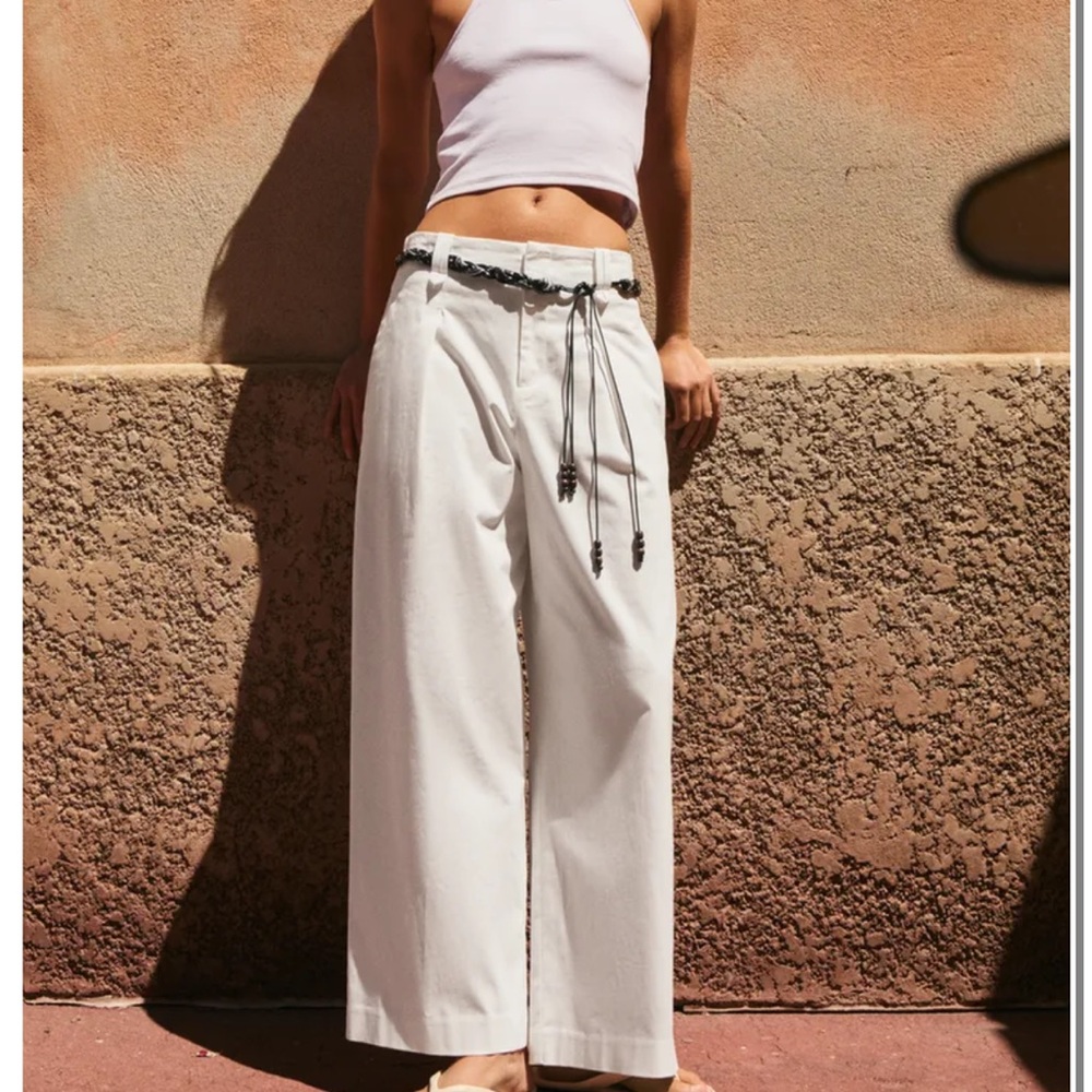 Zara White Wide Leg Pants with Decorative Waist Cord